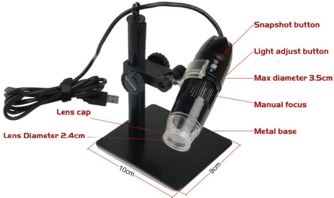 Расположение основных функциональных элементов на корпусе USB-микроскопа PZ01