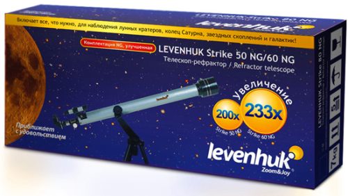 Телескоп Levenhuk Strike 50 NG вместе с богатым комплектом поставки продается вот в такой красочной коробке (идеально для подарка!)