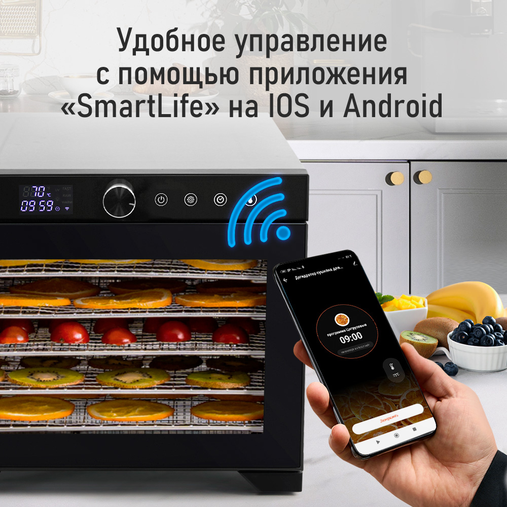 Сушилка для фруктов с WI-FI CHEF PRO CF-FD804A (6 поддонов + 6 для пастилы + 6 для ягод) 40 л, сталь