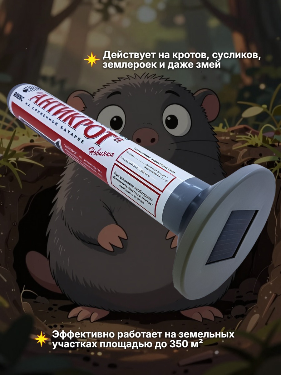 Отпугиватель кротов, змей, землероек Тайфун Антикрот Solar на солнечной батарее