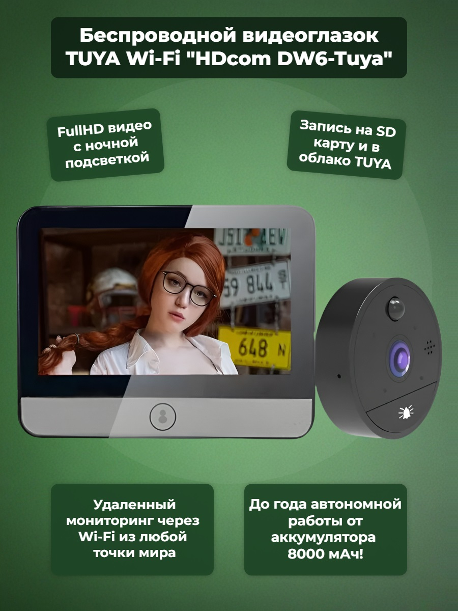 Беспроводной видеоглазок TUYA Wi-Fi "HDcom DW6-Tuya" с записью и датчиком движения