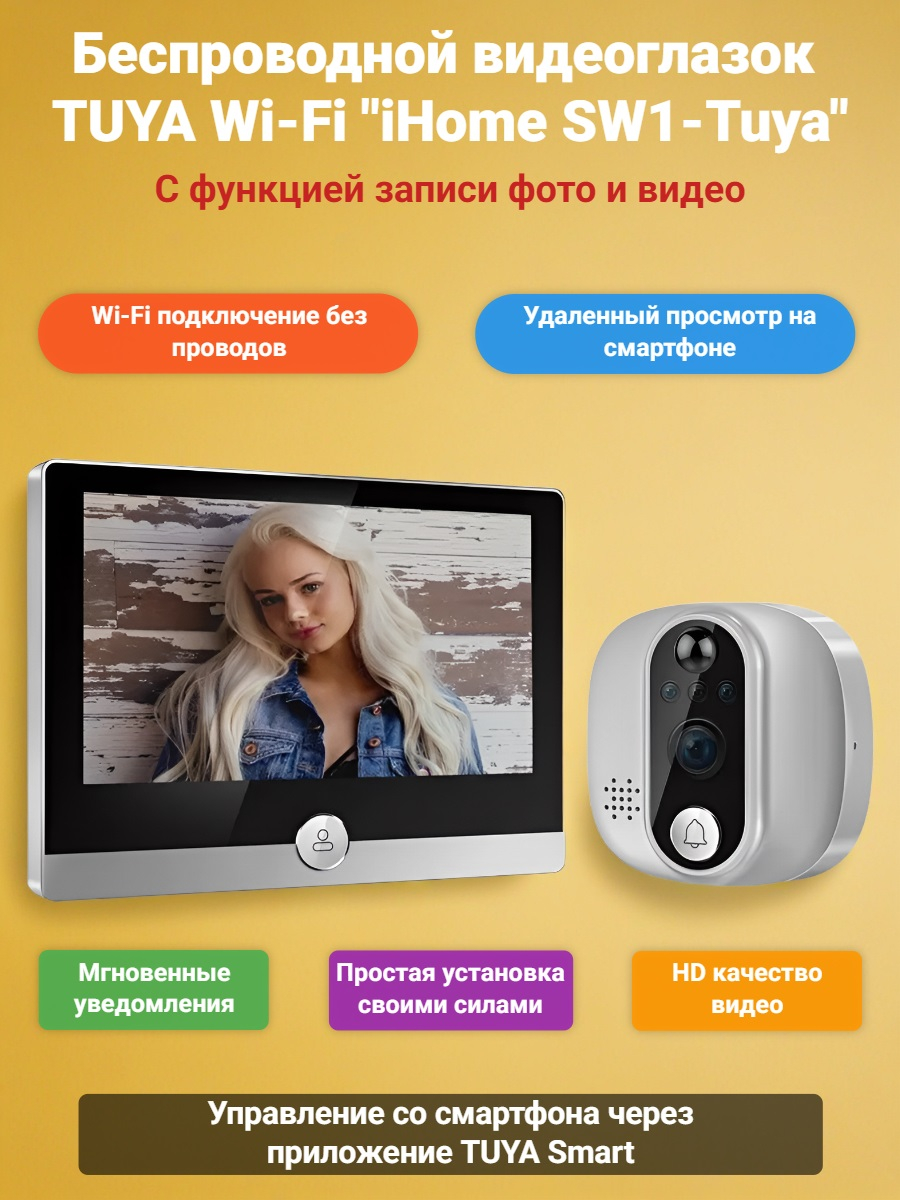 Беспроводной видеоглазок TUYA Wi-Fi "iHome SW1-Tuya" с записью на SD карту и датчиком движения